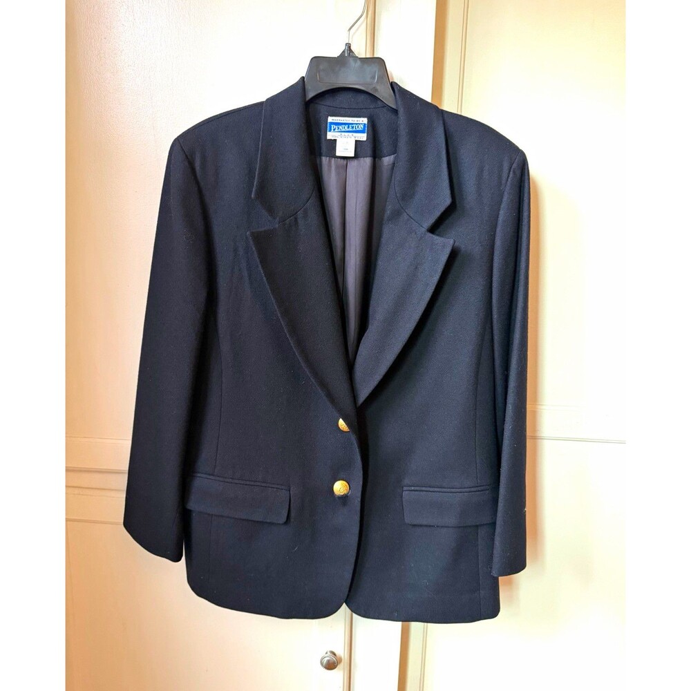 Vintage Pendleton Black Virgin Wool Blazer, Gold Buttons, Plus Size 16W